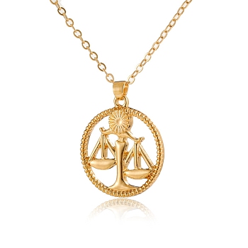 Alloy Flat Round with Constellation Pendant Necklaces, Cable Chain Necklace for Women, Libra, Pendant: 2.2cm