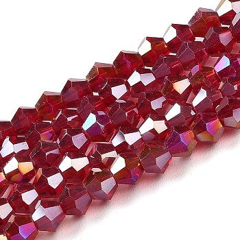 Transparent Electroplate Glass Beads Strands, AB Color Plated, Faceted, Bicone, Dark Red, 4x4mm, Hole: 0.8mm, about 82~85pcs/strand, 12.01~12.2 inch(30.5~31cm)