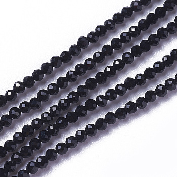 Glass Beads Strands, Faceted, Round, Black, 1.5~2x2mm, Hole: 0.2mm, about 178~186pcs/strand, 14.5~15.5 inch(36~39cm)