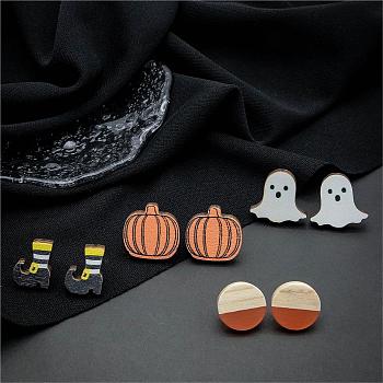 Halloween Pumpkin Ghost Boot Wood Stud Earring Sets, Resin & Wood Flat Round Ear Studs for Women, Mixed Color, 15~19x12~20mm, 4pairs/set