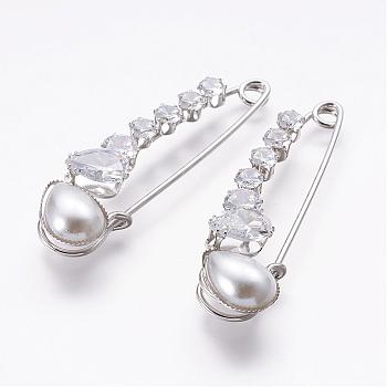 Iron Safety Brooch, with Grade A Rhinestone and Resin, Platinum, 73x20mm, Pin: 1.6mm