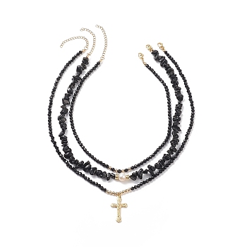 3Pcs 3 Style 304 Stainless Steel Corss Pendant Necklaces Set, Natural Black Onyx & Obsidian & Pearl Beaded Stackable Necklaces for Women, Black, 14.96~19.29 inch(38~49cm), 1Pc/style