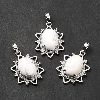 Natural Howlite Pendants, Flower Charms, with Platinum Tone Brass Findings, Cadmium Free & Lead Free, 32x23x9.5~10.5mm, Hole: 7x5mm