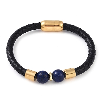 10.5mm Round Natural Lapis Lazuli Bead Bracelets, Braided Leather Cord Bracelets with Ion Plating(IP) Golden Color Tone 304 Stainless Steel Magnetic Clasps, for Men Women, 8-1/4 inch(20.8cm), Bead: 10.5mm