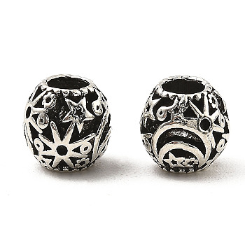 Tibetan Style Alloy European Beads, Large Hole Bead, Round with Sun & Moon & Star, Antique Silver, 10.5x10mm, Hole: 5mm, about 350pcs/1000g