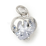 Brass Pave Cubic Zirconia Pendants, Heart Charms, Long-Lasting Plated, Cadmium Free & Lead Free, Rack Plating, with Jump Ring, Platinum, Clear, 11.5x10x6mm, Hole: 3.3mm(KK-Z120-48P-02)