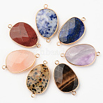 Natural Gemstone Links, with Light Gold Plated Edge Brass Loops, Mixed Natural Gemstone, Oval, Faceted, 38x22.5x6mm, Hole: 2mm(G-R464-003)