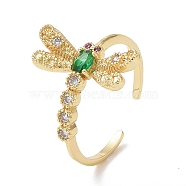 Green Cubic Zirconia Dragonfly Open Ring, Brass Jewelry for Women, Cadmium Free & Lead Free, Real 18K Gold Plated, US Size 7 1/4(17.5mm)(X-RJEW-P032-33G)