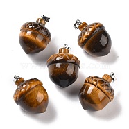 Natural Tiger Eye Pendants, with Rack Plating Brass Findings, Cadmium Free & Lead Free, Real Platinum Plated, Acorns, 29x20~21mm, Clasp: 5x4mm(G-M393-01P-03)