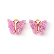 Alloy Enamel Pendants with Glitter Powder and Zinc Alloy Hanging Plating, Butterfly, Light Gold, Pearl Pink, 13x15x3.5mm, Hole: 2.0mm(X-ENAM-R056-01D)