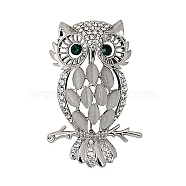 Alloy Rhinestone Brooches, with Cat Eye, Moon with Owl Brooches for Women, Platinum, 57x32mm(PW-WG81594-02)