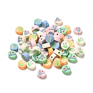 Mother's Day Handmade Polymer Clay Beads, Flat Round with Word and Flower Pattern, Mixed Color, 9~9.5x4~5mm, Hole: 1.6~1.8mm(CLAY-B003-19)