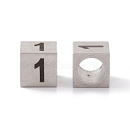 303 Stainless Steel European Beads, Large Hole Beads, Cube with Number, Stainless Steel Color, Num.1, 7x7x7mm, Hole: 5mm(STAS-G286-P01)