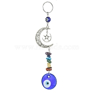 Flat Round with Evil Eye Handmade Lampwork Pendant Decorations, with Chakra Gemstone Chip and Alloy Moon & Star Hanging Ornaments, 156mm(HJEW-JM01244)