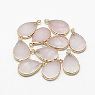 Natural Rose Quartz Pendants, with Iron Findings, teardrop, Golden, 22~23x13~14x3~4mm, Hole: 2mm(G-Q494-52E)