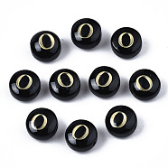 Handmade Lampwork Beads, with Golden Plated Brass Etched Metal Embellishments, Flat Round with Alphabet, Letter.O, 8x5mm, Hole: 0.8mm(LAMP-S196-001O)
