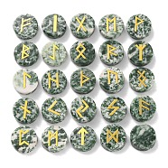 Brass Elder Futhark Alphabet Engraved Symbol Flat Round Natural Green Spot Jasper Rune Stones, for Chakras Balancing, Crystal Therapy, Meditation, Divination, 16.5~17.5x6~7mm, 25pcs/set(G-I373-01N)