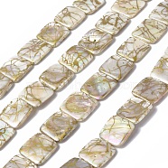 Drawbench Style Natural Freshwater Shell Beads Strands, AB Color Plated, Square, Yellow Green, 15x15x3.5mm, Hole: 1mm, about 26pcs/strand, 15.16 inch(38.5cm)(SHEL-C003-01)