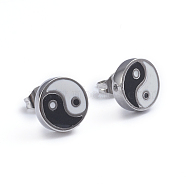 Feng Shui 304 Stainless Steel Stud Earrings, with Enamel and Ear Nuts, Yin Yang, Stainless Steel Color, 9.7mm, Pin: 0.6mm(EJEW-L248-047P)