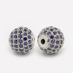 Brass Micro Pave Cubic Zirconia Beads, Round, Mauve, Platinum, 10mm, Hole: 1.5mm(ZIRC-F001-03P)