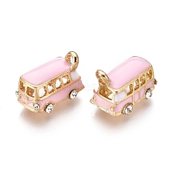 Alloy Pendants, with Enamel and Crystal Rhinestone, Bus, Golden, Pearl Pink, 18x11x13mm, Hole: 2.5mm(ENAM-I044-01A)