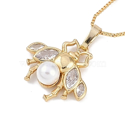 Rack Plating Brass Clear Cubic Zirconia Bee Pendant Box Chain Necklaces, with ABS Imitation Pearl Beads, Cadmium Free & Lead Free, Long-Lasting Plated, Real 18K Gold Plated, 19.29 inch(49cm)(NJEW-P317-05G)