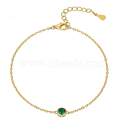 925 Sterling Silver Pave Green Cubic Zirconia Cable Chain Bracelets, Oval Link Bracelets for Women, Golden(ZK4364-4)