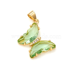 Glass Pendants, with Brass Clear Micro Pave Cubic Zirconia, Butterfly, Golden, Lime Green, 24x21x4mm, Hole: 5.5x3.5mm(GLAA-G075-01G-01)