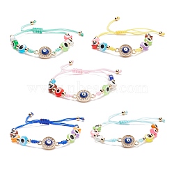 Resin Evil Eye Braided Bead Bracelet, Crystal Rhinestone Flat Round Link Bracelet for Women, Mixed Color, Inner Diameter: 1-3/4~3-1/4 inch(4.5~7.5cm)(BJEW-JB08414)