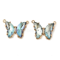 Brass Pave Faceted Glass Connector Charms, Golden Tone Butterfly Links, Light Cyan, 17.5x23x5mm, Hole: 0.9mm(FIND-Z020-03M)