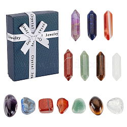 Natural Nanairo Gemstone Gift Box, Include Amethyst, Quartz Crystal, Green Aventurine, Lapis Lazuli, Carnelian, Red Jasper, Tiger Eye, Nuggets & Hexagonal Bullet, Mixed Color, 21.5~31.5x16~18x9~16mm, 14pcs/box(AJEW-WH0165-01)