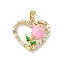 Rack Plating Brass Pendant, with Enamel & Cubic Zirconia, Lead Free & Cadmium Free, Long-Lasting Plated, Heart & Flower, Pearl Pink, 17x18x4mm, Hole: 5x3mm(KK-H476-08G-02)