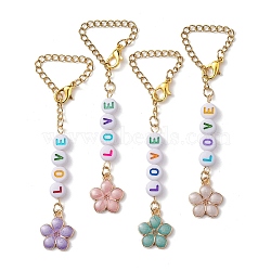 Valentine's Day Alloy Enamel & Acrylic Pendant Decorations, with 304 Stainless Steel Twisted Chains, Flower with LOVE, Golden, 87mm, 4pcs/set(HJEW-JM01837-S)