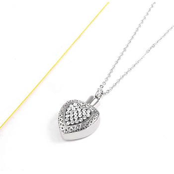 Clear Cubic Zirconia Heart Urn Ashes Pendant Necklace, 316L Stainless Steel Memorial Jewelry for Men Women, Stainless Steel Color, 19.69 inch(50cm)