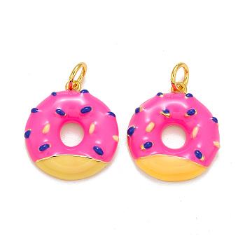 Brass Enamel Pendants, Real 18K Gold Plated, Long-Lasting Plated, Donut, Deep Pink, 18x16x3.3mm, Hole: 3.6mm