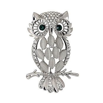 Alloy Rhinestone Brooches, with Cat Eye, Moon with Owl Brooches for Women, Platinum, 57x32mm