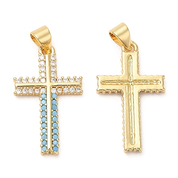 Brass Micro Pave Cubic Zirconia Pendants, Lead Free & Cadmium Free, Long-Lasting Plated, Cross, Real 18K Gold Plated, 25x15x2.5mm, Hole: 4x3.3mm