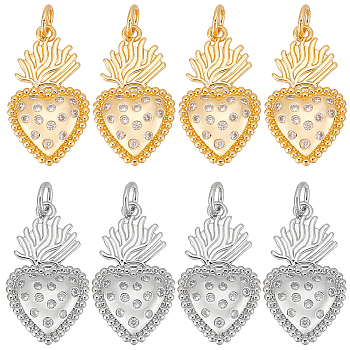8Pcs 2 Colors Rack Plating Brass Micro Pave Cubic Zirconia Pendants, Lead Free & Cadmium Free, Long-Lasting Plated, Sacred Heart Charm, Mixed Color, 22x12.5x3mm, Hole: 3.5mm, 4pcs/color