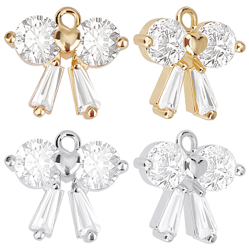 12Pcs 2 Colors Brass with Clear Cubic Zirconia Charms, Bowknot, Platinum & Golden, 9.5x10.5x3mm, Hole: 1mm, 6pcs/color