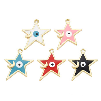 Rack Plating Alloy Enamel Pendants, Cadmium Free & Nickel Free & Lead Free, Star with Eye, Light Gold, Mixed Color, 27.5x24x2mm, Hole: 1.8mm