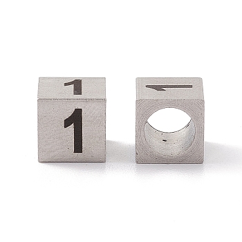 303 Stainless Steel European Beads, Large Hole Beads, Cube with Number, Stainless Steel Color, Num.1, 7x7x7mm, Hole: 5mm