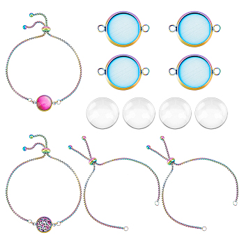 DIY Blank Dome Link Bracelet Making Kit, Including 304 Stainless Steel Cabochon Connector Settings & Slider Bracelet Making, Glass Cabochons, Rainbow Color, 12Pcs/box