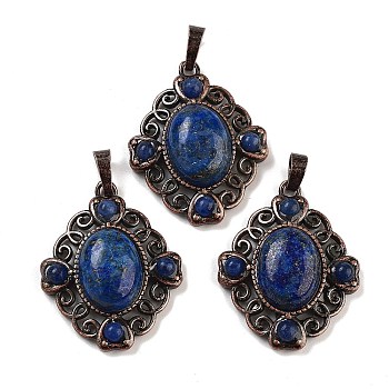 Dyed Natural Lapis Lazuli Rhombus Pendants, Red Copper Tone Brass Charms, 34x27x8mm, Hole: 8x5mm