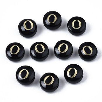 Handmade Lampwork Beads, with Golden Plated Brass Etched Metal Embellishments, Flat Round with Alphabet, Letter.O, 8x5mm, Hole: 0.8mm
