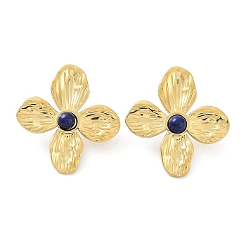 Natural Lapis Lazuli Flower Stud Earrings, Real 18K Gold Plated 304 Stainless Steel Earrings, 32.5x30mm