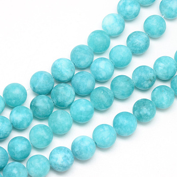 Natural White Jade Bead Strands, Dyed, Frosted, Round, Dark Turquoise, 8~9mm, Hole: 1mm, about 46~48pcs/strand, 14.9 inch