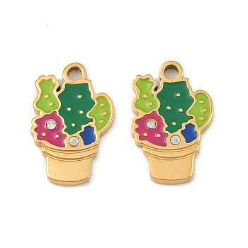 304 Stainless Steel Enamel Pendants, Cactus Charms, with Rhinestone, Ion Plating(IP), Golden, 15x9.5x22mm, Hole: 1.5mm
