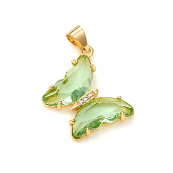 Glass Pendants, with Brass Clear Micro Pave Cubic Zirconia, Butterfly, Golden, Lime Green, 24x21x4mm, Hole: 5.5x3.5mm