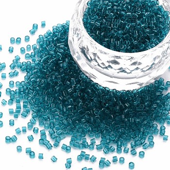 Transparent Glass Cylinder Beads, Seed Beads, Round Hole, Teal, 1.5~2x1~2mm, Hole: 0.8mm, about 8000pcs/bag, about 1pound/bag