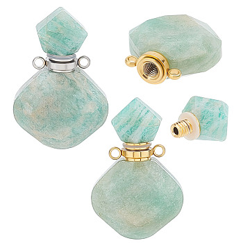 2Pcs 2 Colors  Rhombus Natural Amazonite Perfume Bottle Pendants, with 304 Stainless Steel Findings, Faceted, Golden & Stainless Steel Color, 26~27x17~17.5x8~8.5mm, Hole: 1.4mm, Capacity: about 2ml(0.06 fl. oz), 1pc/color